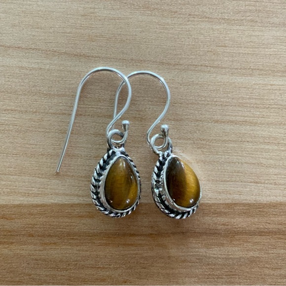Tigers Eye Solid 925 Sterling Silver Earrings - Picture 1 of 4